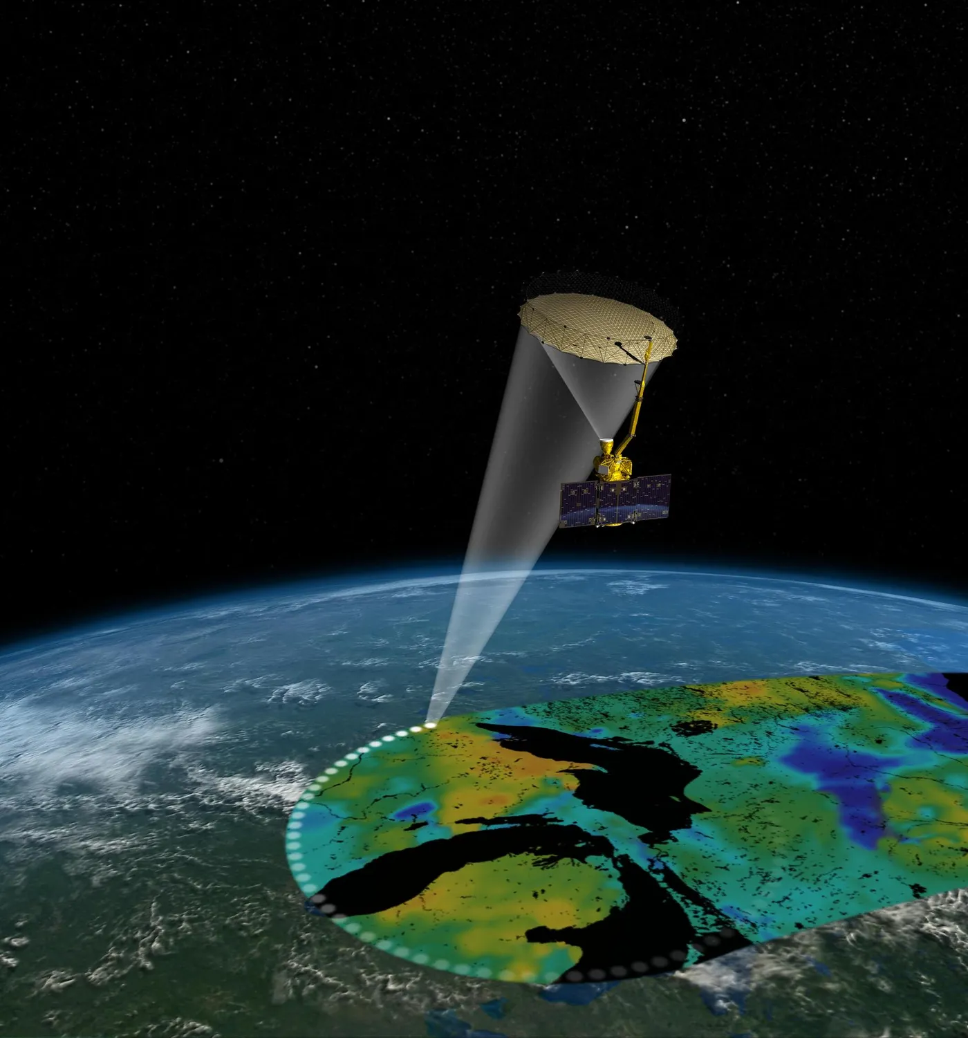 Illustration of a satellite mapping soil moisture from orbit