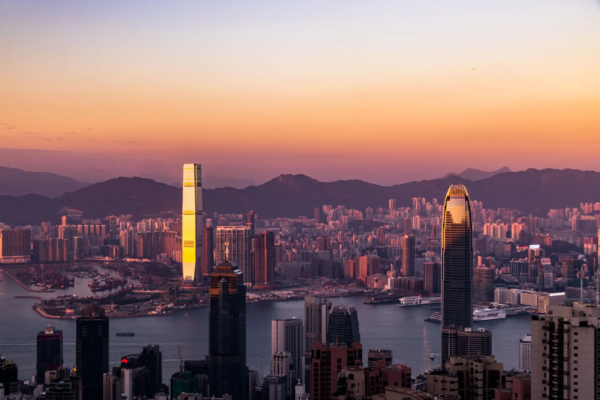 City skyline at sunset