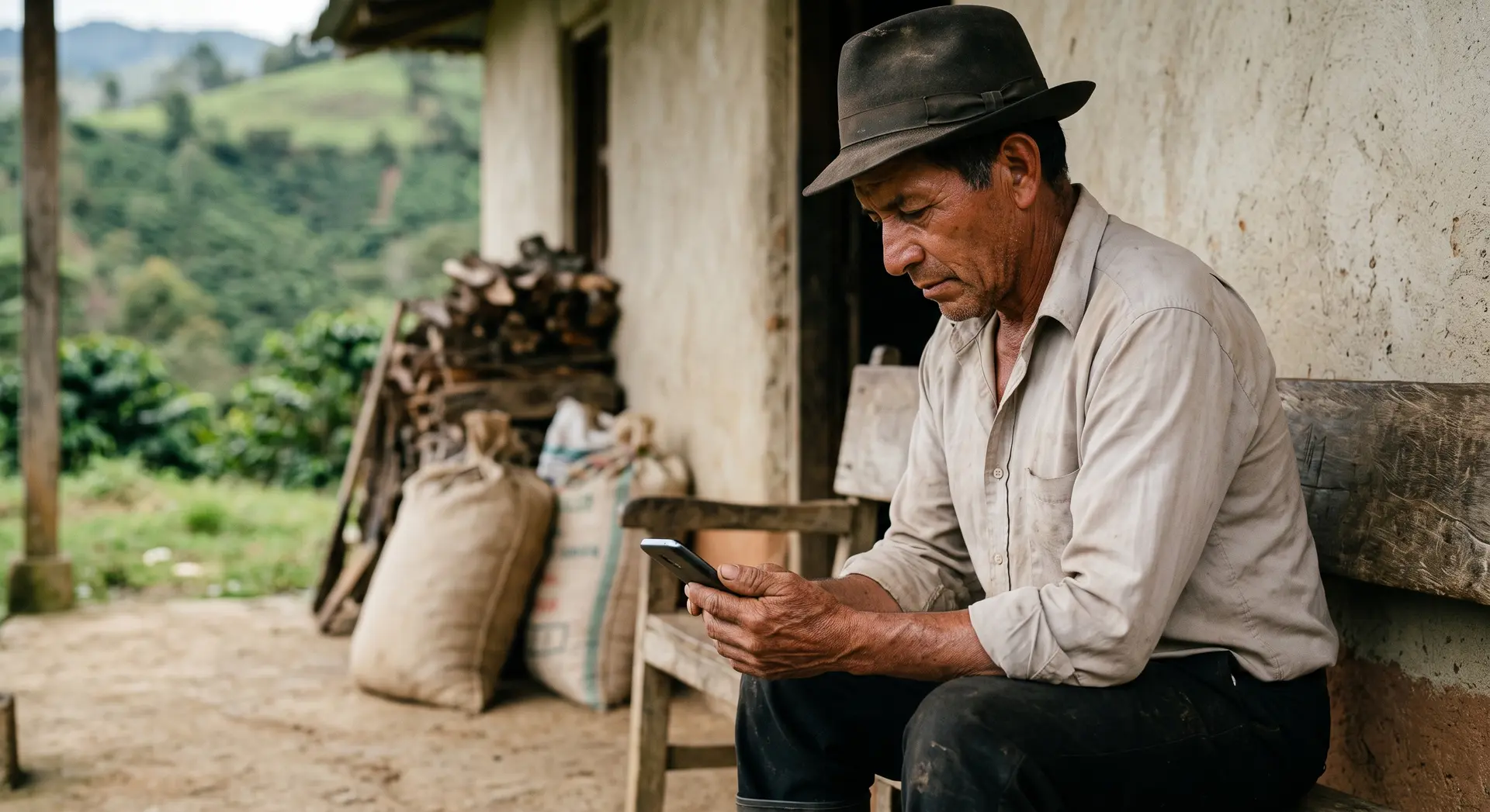Farmer checking his mobile phone outside a grain store